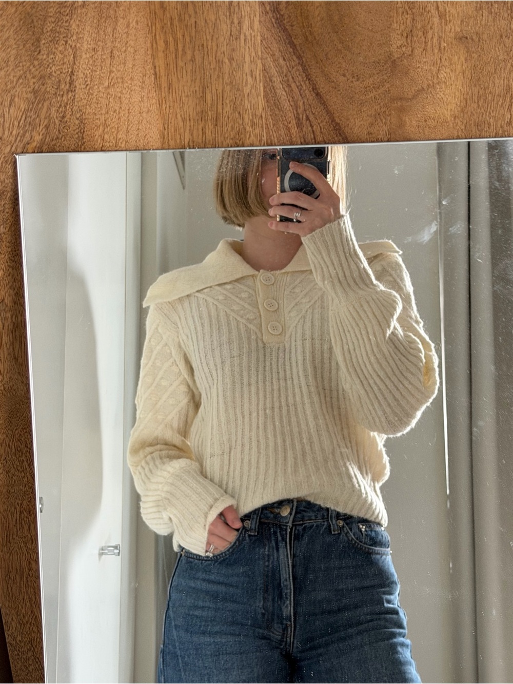 ASTR Cream Ribbed Button-Neck Sweater